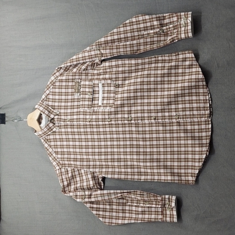 Men's Columbia Performance Hunting Gear Shirt Plaid Brown Red White Size Small